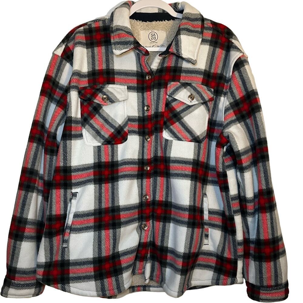 Sage Collective XLarge Plaid Flannel Shacket Plush Sherpa Lined‎ fleece red navy
